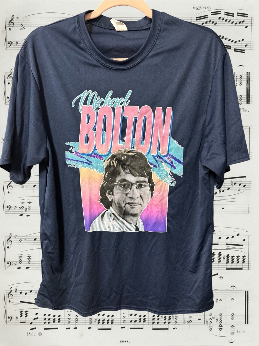C2Sport women’s size large T-shirt Michael Bolton mystery man with glasses blue